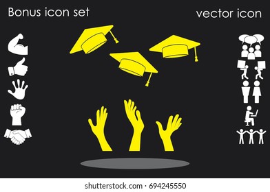 Students of pupil hands graduation caps in the air. Flying academic hats in the sky isolated flat design vector illustration  EPS 10.