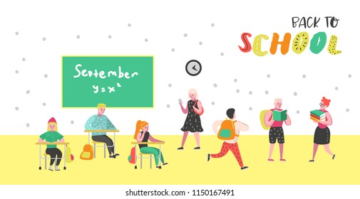 Students and Pupils Characters Set. Back to School Kids Poster. Classroom with Schoolchildren with Backpacks, Books. Education Concept. Vector illustration