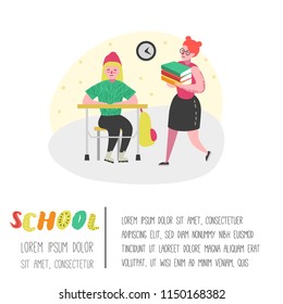 Students and Pupils Characters Set. Back to School Kids Poster. Classroom with Schoolchildren with Backpacks, Books. Education Concept. Vector illustration