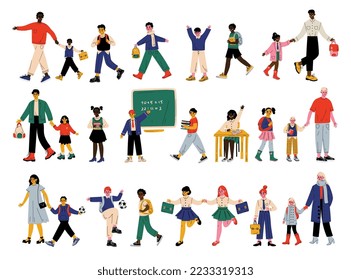 Students and Pupils Having School Lesson with Father and Mother Bringing Them to Class Big Vector Set