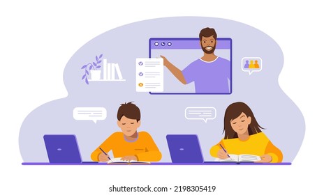 Students, pupils in learning process, Online education, home schooling. Students sit at the table and study, do homework and read a book, prepare for the exam.