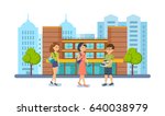 Students and pupils on background of modern university and school, with literature in hand and school backpacks. Modern vector illustration isolated on white background.