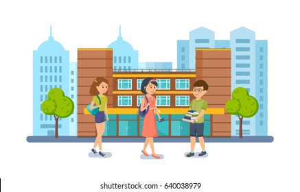 Students and pupils on background of modern university and school, with literature in hand and school backpacks. Modern vector illustration isolated on white background.
