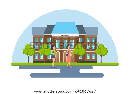 Students and pupils on background of modern university and school, with literature in hand and school backpacks. Modern vector illustration isolated on white background.
