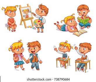 Students put hand up in class room. Girl and boy doing homework together. Schoolboy and schoolgirl go to school holding hands. Boy paints portrait of girl. Funny cartoon character. Vector illustration