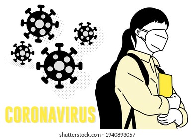 Students put masks to the COVIT 19 Prevention School hand draw pictogram style vector design illustration.