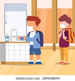 Students are queuing to wash their hands before going to school, to be protected from the virus. Vector colorful illustration. Cleaning school.
