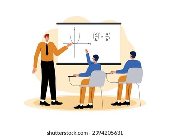 Students raise their hands to answer questions from questions given by the teacher, school vector illustration.