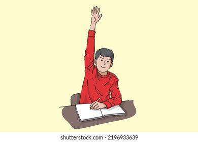 Students raise their hands. Students learn in school in class.