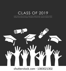 Students raised hands and graduation vector card isolated on black background