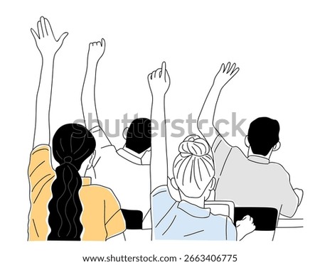 Students raising their hands in a classroom, viewed from behind. Minimal line art with soft colors, symbolizing learning, participation, and education. Hand drawn vector illustration isolated on white