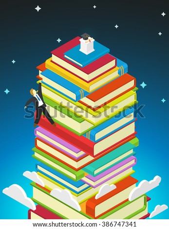 Students reaching new heights through books and learning. Education concept. Isometric books stack with graduate cap and diploma on top. Steps to knowledge in university and college classes. Vector