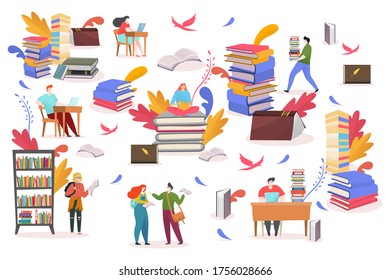 Students read book for education knowledge vector illustration. People character study in library, books stack and laptop. Man woman cartoon person learn university literature at desk, near bookshelf.