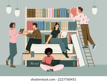 Students read books. Boys and girls preparing for exams in library, studying and communicating. Love for literature and acquisition of knowledge. Education and study. Cartoon flat vector illustration