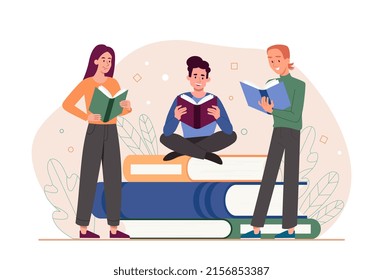 Students reading book. Friends preparing for test or examination, teenagers doing their homework. Training and education, love of literature and useful hobbies. Cartoon flat vector illustration