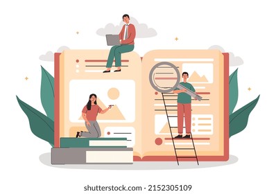 Students reading book. Guys and girls looking for information. Distance learning and self development. Teenagers preparing for exam or test, do their homework. Cartoon flat vector illustration