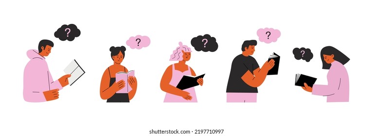 Students reading book and looking answers. Young adults men and women hold books. Vector concept of literature and self education flat characters