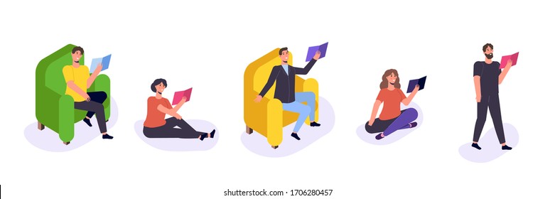 Schüler lesen Buch, Vorbereitung auf die Prüfung. Set Books Liebeskonzept. Vektorillustration-Illustration