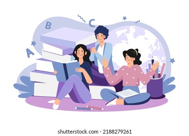 Estudiantes leyendo libro juntos Concepto de ilustración sobre fondo blanco