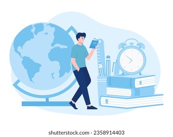 Students reading a book trending concept flat illustration