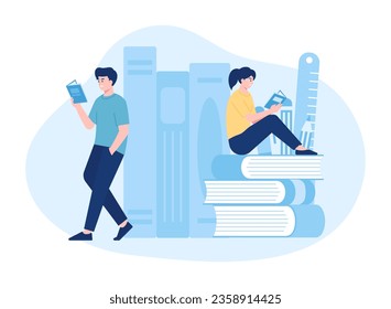 Schüler, die ein Konzept des Buchtrends lesen, flache Illustration