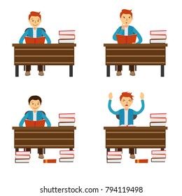 Students Reading a book. Students Wondering with a book. Students Stressed with study. Vector Illustration. Students Sit with a desk.