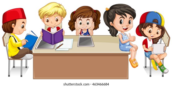 Students reading books in classroom illustration