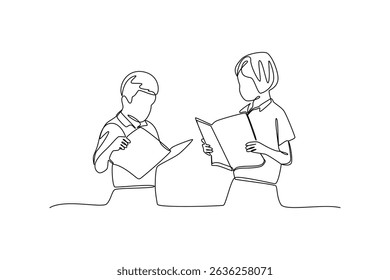 Students reading books in continuous line drawing educational concept