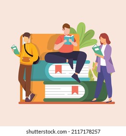 The Students reading books in Reading Garden.  Set of book lovers, readers, modern literature fans. Flat cartoon vector illustration.