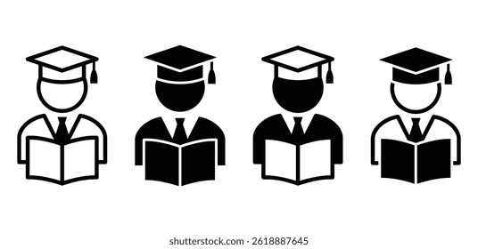 Estudiantes Leyendo Libros Graduación Cap Icon Diseño de Vector Negro Blanco Color