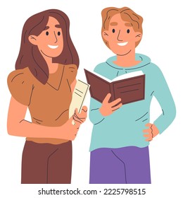 Students reading books, high school or college students with books. People holding educational literature, young couple reading isolated flat vector illustration on white background
