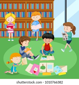 Students reading books in library illustration