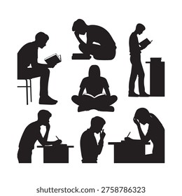 Students reading books and studying. Various poses of people learning. Education knowledge. Academic pursuit.