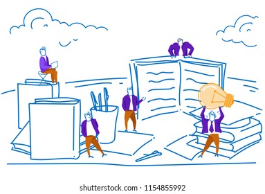 students reading books successful study concept online education learning process book stack library people silhouette horizontal sketch doodle vector illustration