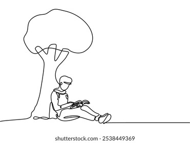 Estudantes lendo livros sob uma árvore retratada em contínuo desenho de uma linha. Conceito educacional que simboliza o relaxamento e o prazer da literatura.