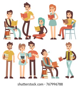 Students reading books. Young people read documents vector cartoon characters. Young student with book, education and read textbook illustration