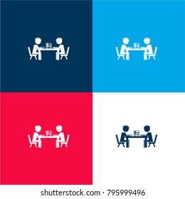 Students reading sitting in a library four color material and minimal icon logo set in red and blue