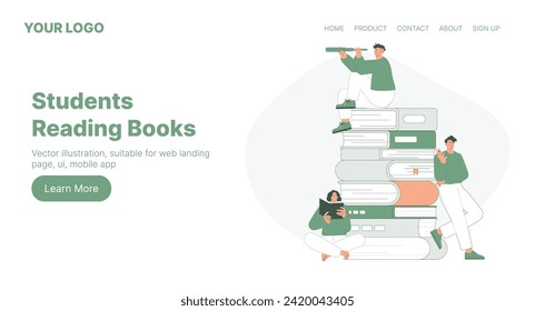 Students Reading. Web Landing Page Design. Flat Cartoon Vector Illustration. Vector illustration, suitable for web landing page, ui, mobile app.