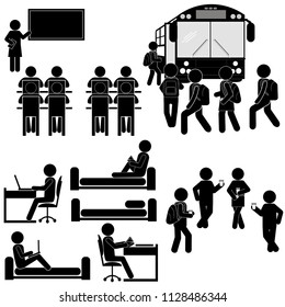 Students in Real Every Day Life Sitting at Auditorium, Leaving School Bus, Working at Campus and Talking Together with Beer Glasses. Stick Figure Pictogram Icon Vector