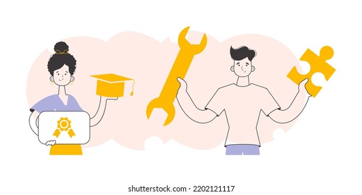 The students received their diploma. Modern linear style. Vector illustration.
