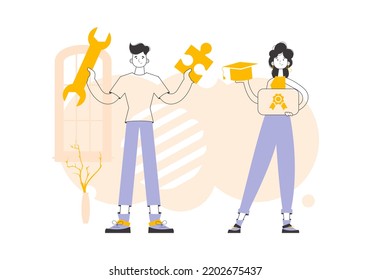 The students received their diploma. Trendy linear style. Vector illustration.