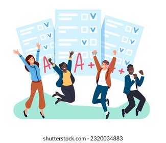 Students rejoice at passing school exam test. Examination resalt. People group jumping and laughing with happiness. Education success. Knowledge grade. Paper document