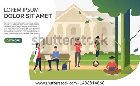 Students relaxing and walking in campus park. Information, university, nature concept. Presentation slide template. Vector illustration for topics like knowledge, relaxation, education