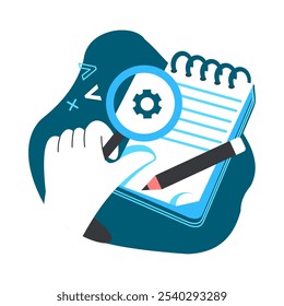 Students research. People studying. Write in notebook. Notepad with pencil. Looking through magnifying glass. Arm holding magnifier. Searching answer. Audit check. University education. Vector concept