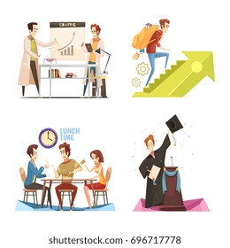 Concepto de diseño de caricaturas retro de los estudiantes con experimento químico, adquisición de conocimientos, tiempo de almuerzo, ilustración vectorial aislada de graduados