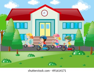 Students riding bicycle to school illustration