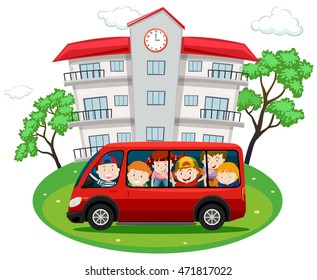 Students riding on red van to school illustration