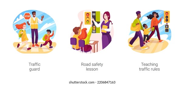 Students road safety isolated cartoon vector illustration set. Traffic guard, road safety lesson, teaching traffic rules, school children crossing the street, traffic light and sign vector cartoon.