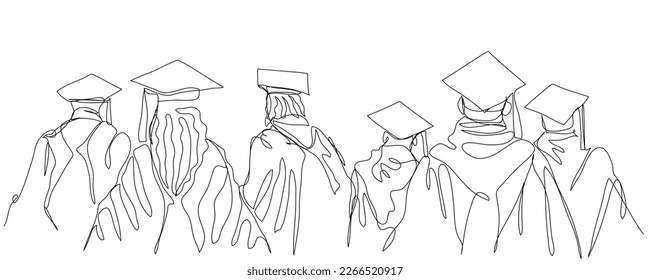 Students in robes and square caps in one line. Conceptual image of graduates viewed from the back. Stock vector illustration with editable stroke.