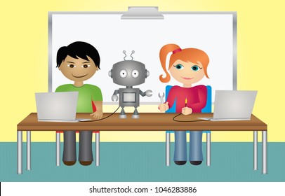 Students with robot and computers in school classroom